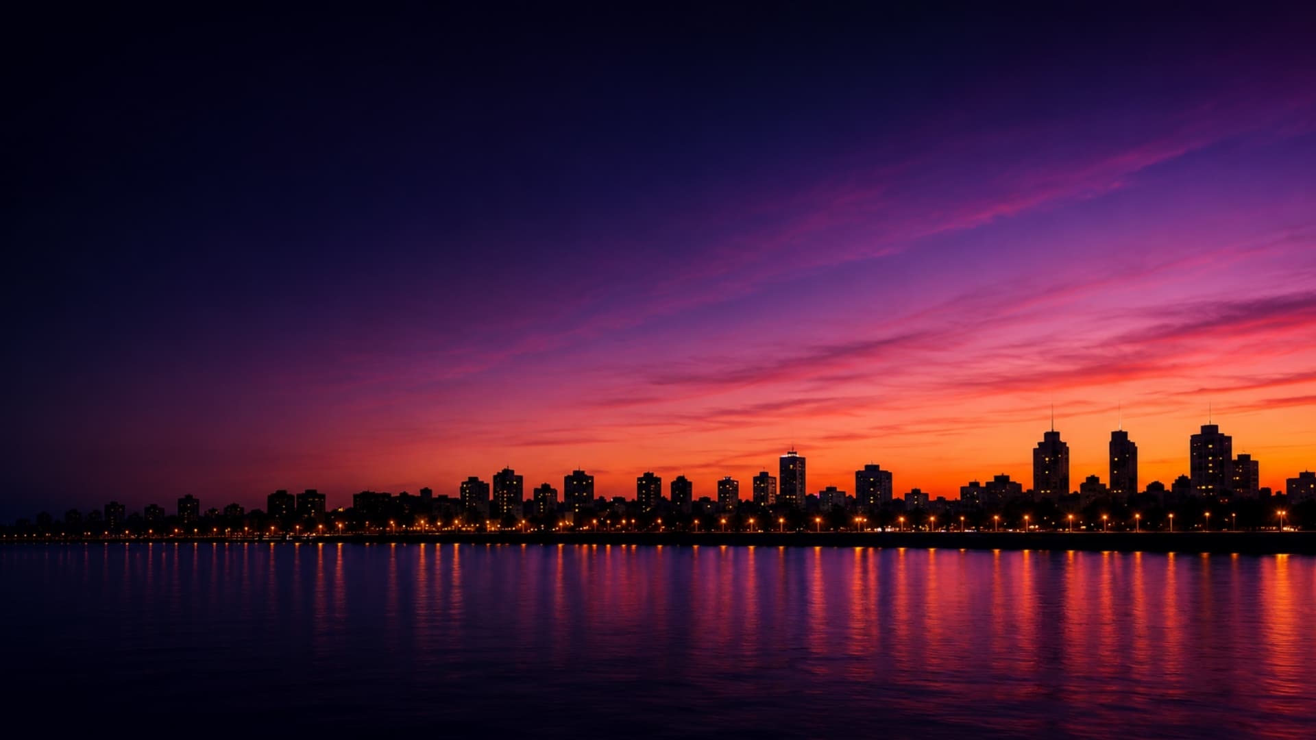 Vista nocturna de Neuquén con atardecer y luces de la ciudad